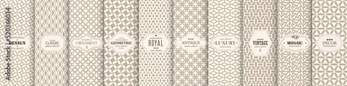 Collection of seamless ornamental elegant geometric patterns - beige symmetric vintage design. Endless grid textures. Vector repeatable antique backgrounds