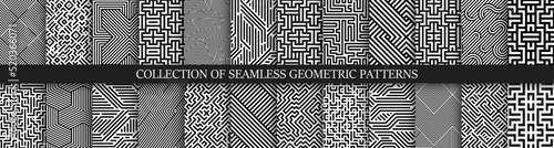 Collection of vector seamless geometric patterns. Striped black and white abstract backgrounds. Monochrome linear textures. Endless unusual prints