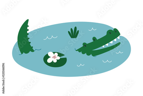 Cute smiling crocodile lying in the pond, swimming in water, funny alligator character with friendly facial expression, vector illustration for kids isolated on white background