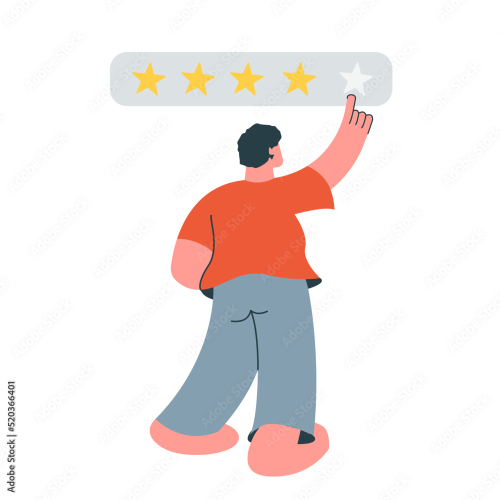 A person pointing at five stars. a man giving a five-star rating. a man rating on five stars. a boy giving an evaluation report. Vector illustration for your landing page, app, poster