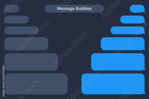Blank various message bubbles. Chat or messenger speech bubble. SMS text frame. Short message sending. Dark mode. Vector illustration