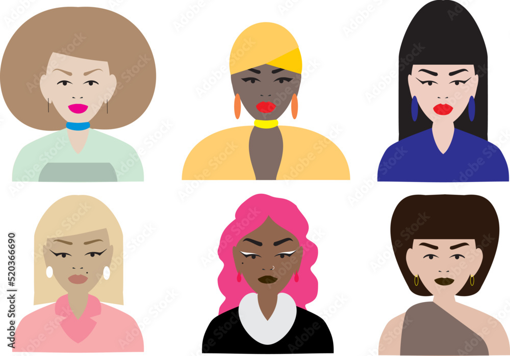 set 6 bright caucasian ebony women avatars people vector flat minimalistic illustration of girl portrait head icon collection of face girls beauty lips hair set 6 bright caucasian ebony women avatars people vector flat minimalistic illustration of girl portrait head icon collection of face girls beauty lips hair