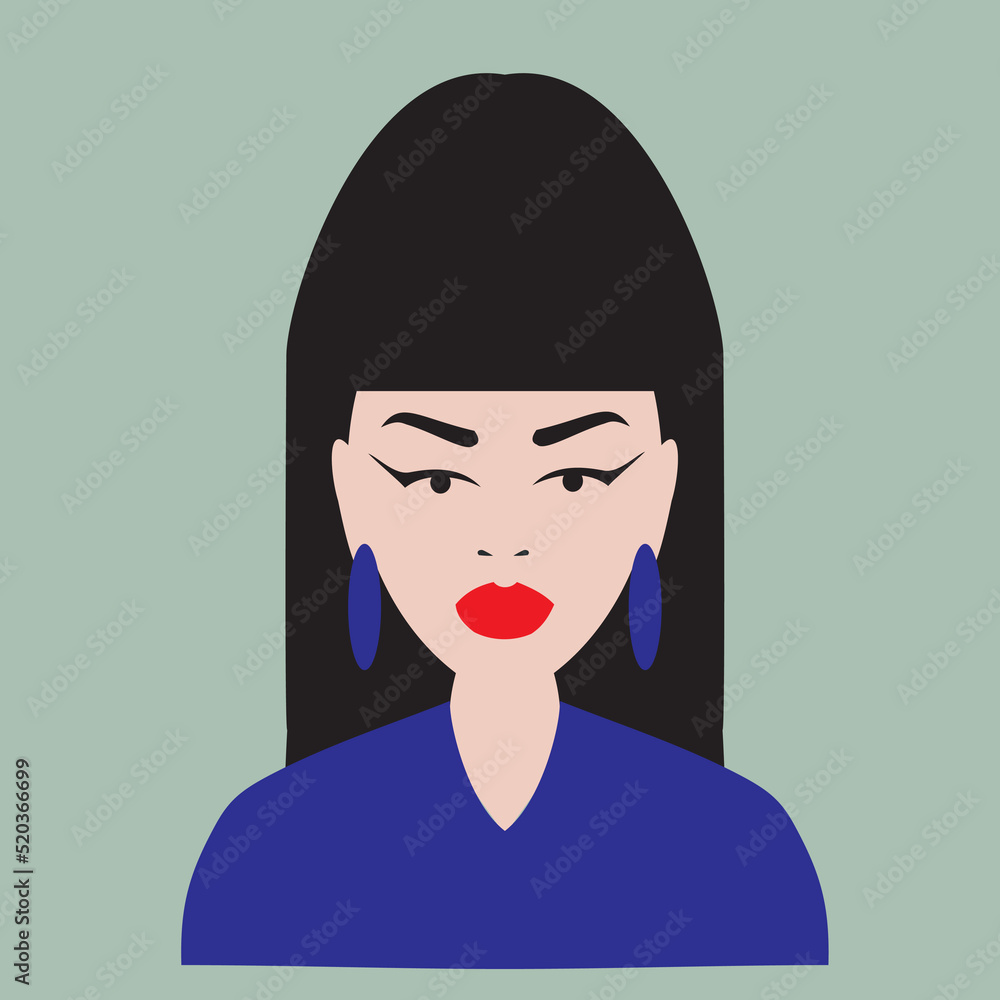vector flat illustration avatar icon bright minimalistic portrait of young girl woman black hair beauty big red lips caucasian head vector flat illustration avatar icon bright minimalistic portrait of young girl woman black hair beauty big red lips caucasian head