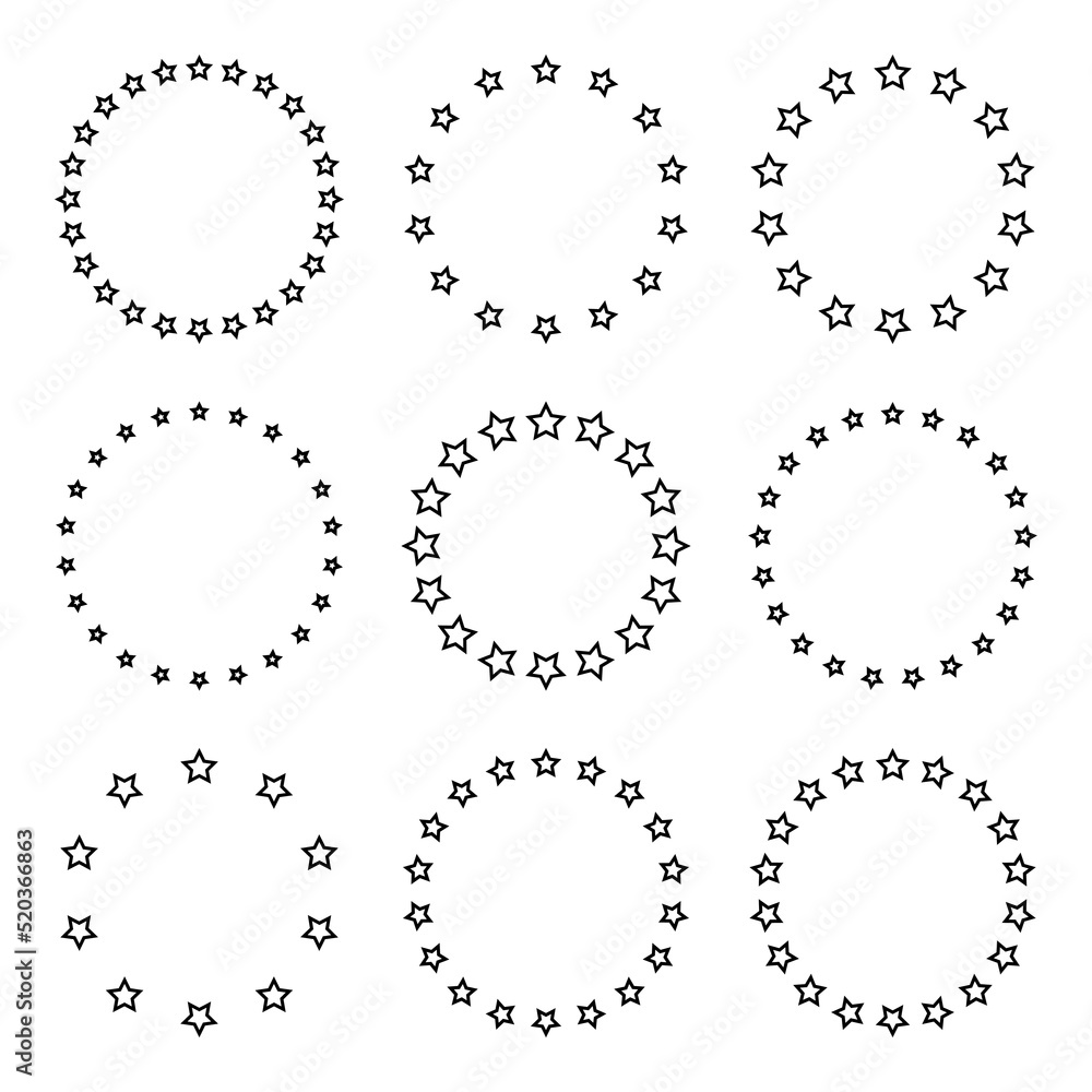 Stars of various sizes arranged in a circle. Round frame, border. Black star outline, simple symbol. Design element, ornament. Line art. Vector illustration