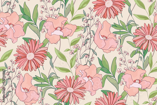 Seamless floral pattern in delicate pastel colors. Romantic botanical background, ditsy print with various wild plants, large pink flowers, leaves, herbs on a white surface. Vector.