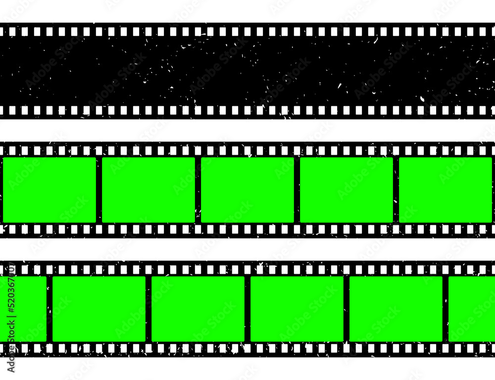 Realistic grunge film strip, camera roll. Old retro cinema movie strip with blank green chroma key background. Analog video recording and photography. Visual effects compositing. Vector illustration
