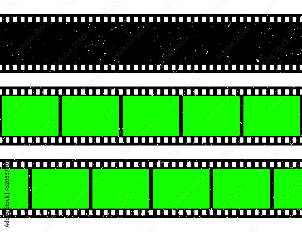 Realistic grunge film strip, camera roll. Old retro cinema movie strip with blank green chroma key background. Analog video recording and photography. Visual effects compositing. Vector illustration Realistic grunge film strip, camera roll. Old retro cinema movie strip with blank green chroma key background. Analog video recording and photography. Visual effects compositing. Vector illustration