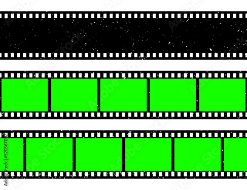Realistic grunge film strip, camera roll. Old retro cinema movie strip with blank green chroma key background. Analog video recording and photography. Visual effects compositing. Vector illustration