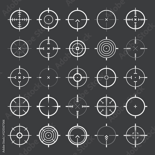 Crosshair, gun sight vector icons. Bullseye, target or aim symbol. Military rifle scope, shooting mark sign. Targeting, aiming for a shot. Archery, hunting and sports shooting. Game UI element.