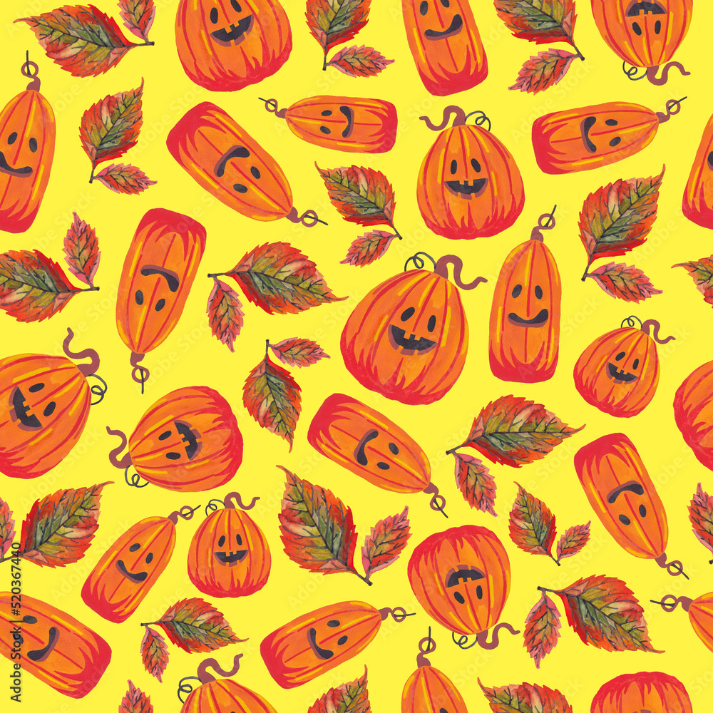 Yellow background with pumpkins and leaf's in watercolor effect. Seamless pattern with cute gourds. Yellow background with pumpkins and leaf's in watercolor effect. Seamless pattern with cute gourds.