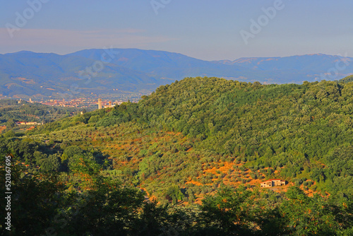 Landscape View from Montecatini Alto looking towards Pistoia with the Apennine Mountains in the distance. Tuscany, Italy.