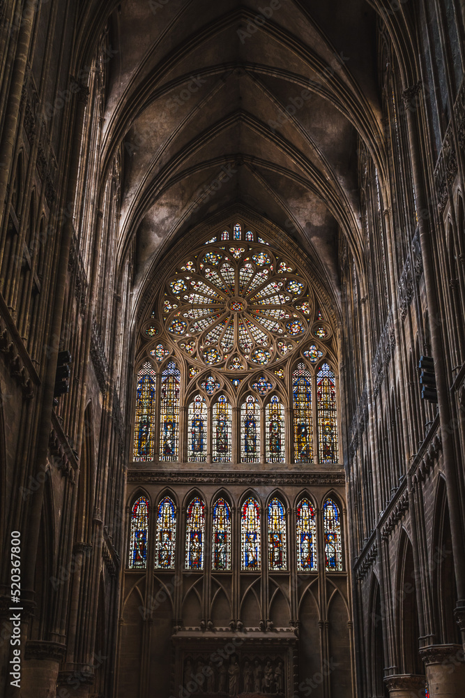 Central nave of the cathedral and west stained glass windows of Saint-Etienne cathedral in Metz