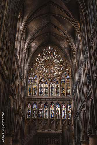 Central nave of the cathedral and west stained glass windows of Saint-Etienne cathedral in Metz