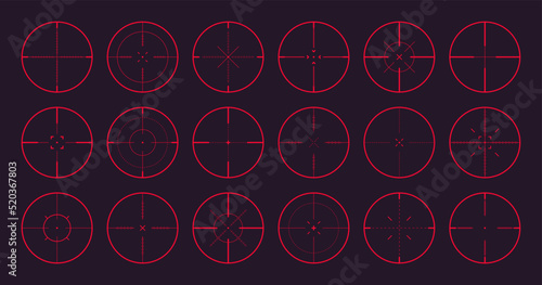 Various sniper rifle night sights, weapon optical scope crosshair. Hunting gun red viewfinder. Shooting mark symbol, aim. Military target sign. Game interface UI element. Vector illustration