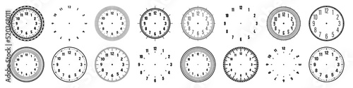 Mechanical clock faces with arabic numerals, bezel. Watch dial with minute, hour marks and numbers. Timer or stopwatch element. Blank measuring circle scale with divisions. Vector illustration