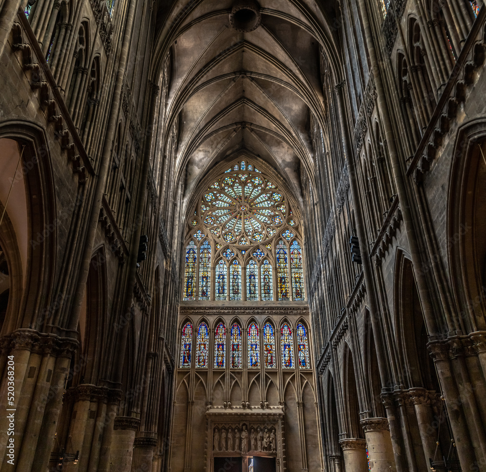 Central nave of the cathedral and west stained glass windows of Saint-Etienne cathedral in Metz