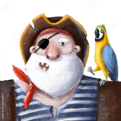funny pirate with parrot watercolor portrait, children's illustration with cartoon character