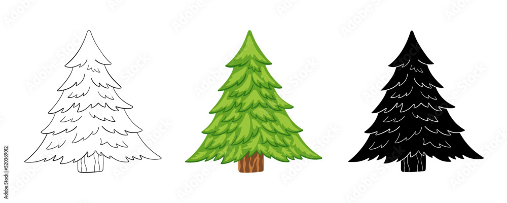 Obraz premium Christmas tree in cartoon, doodle, simple style. Isolated element on white background, vector illustration. Icon fir for print and design, hand drawn. Silhouette holiday tree, merry xmas