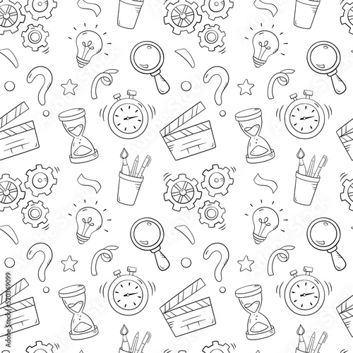 Quiz seamless pattern in doodle style, vector illustration. Back to school concept, stationery symbols on white background. Pattern hand drawn for print and game quiz