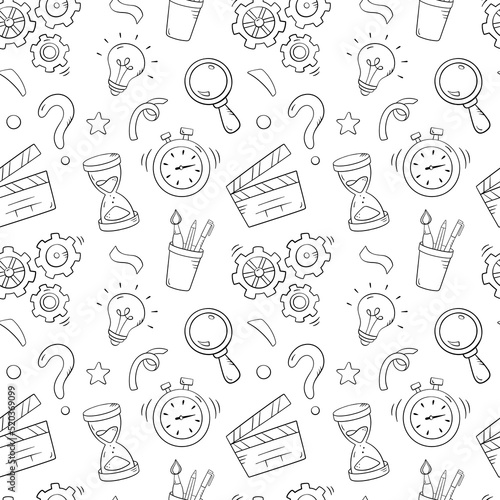 Quiz seamless pattern in doodle style, vector illustration. Back to school concept, stationery symbols on white background. Pattern hand drawn for print and game quiz