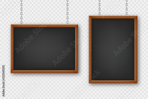 Signboards in a wooden frame hanging on a metal chain. Restaurant menu board. School chalkboard, writing surface for text or drawing. Blank advertising or presentation boards. Vector illustration
