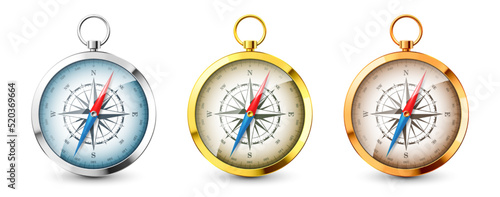 Realistic silver and golden vintage compasses. Marine wind rose and cardinal directions of North, East, South, West. Shiny metal navigational compass. Cartography and navigation. Vector illustration