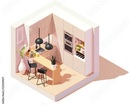 Vector isometric modern kitchen room. Small kitchen. Bar counter with chairs, modern furniture, stove, oven. Low poly cross-section illustration.
