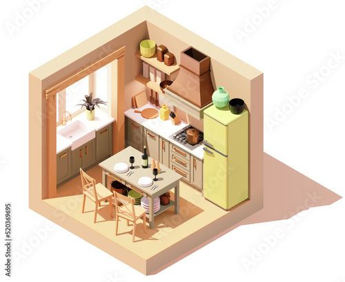 Vector isometric rustic kitchen room. Kitchen with island and chairs, furniture, stove, refrigerator. Low poly cross-section illustration.