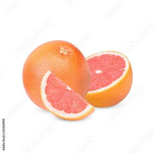 Ripe half of pink grapefruit citrus fruit isolated on white background