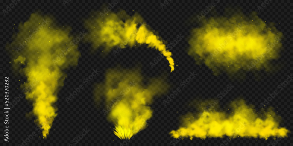 Realistic yellow colorful smoke clouds, mist effect. Colored fog on dark background. Vapor in air, steam flow. Vector illustration.