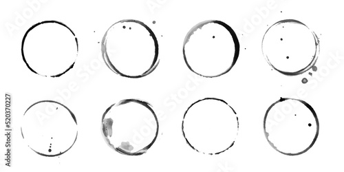 Coffee cup circle black vector stains. Round ring grunge stain. Wet cup mark and splatter. Black ink circle stains. Bottle glass or water drink marks