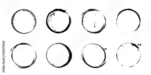 Coffee cup circle black vector stains. Round ring grunge stain. Wet cup mark and splatter. Black ink circle stains. Bottle glass or water drink marks