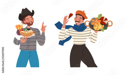 Gastronomic Tourism with French and American Man Holding Authentic Served Dish Vector Set