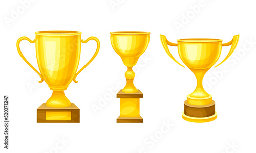 Winner Yellow Cup Award and Trophy on Pedestal for Successful Competition Vector Set