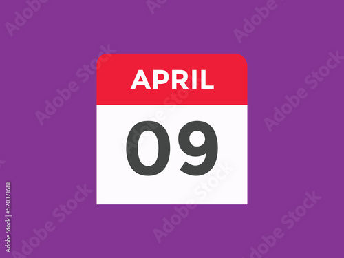 April 9 Calendar icon Design. Calendar Date 9th April. Calendar template 