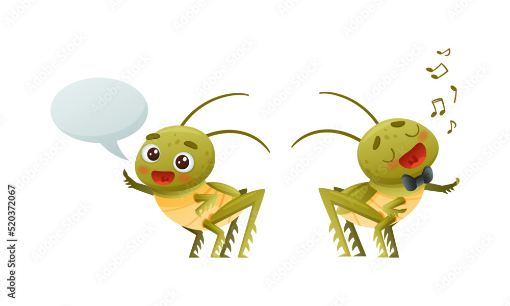 Cute Little Grasshopper Character Saying Greeting and Singing Vector Set Cute Little Grasshopper Character Saying Greeting and Singing Vector Set