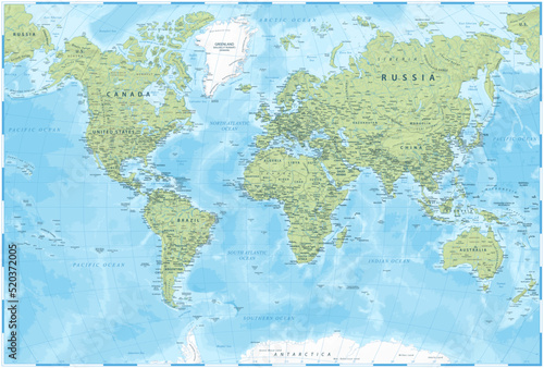 World Map - Green Physical Relief - Vector Detailed Illustration
