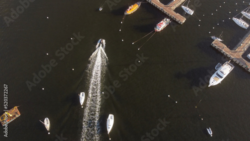 Jet Ski enters port, Punta del Este in Uruguay. Aerial top-down rising