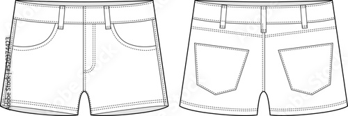 Denim short with pockets technical sketch. Kids jeans shorts design template.