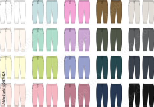 Set of sport style pants with pockets technical sketch. KIds trousers design template collection.