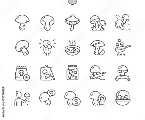 Mushroom. Nature vegetable organic food nutrition. Different types mushrooms. Food shop, supermarket. Pixel Perfect Vector Thin Line Icons. Simple Minimal Pictogram