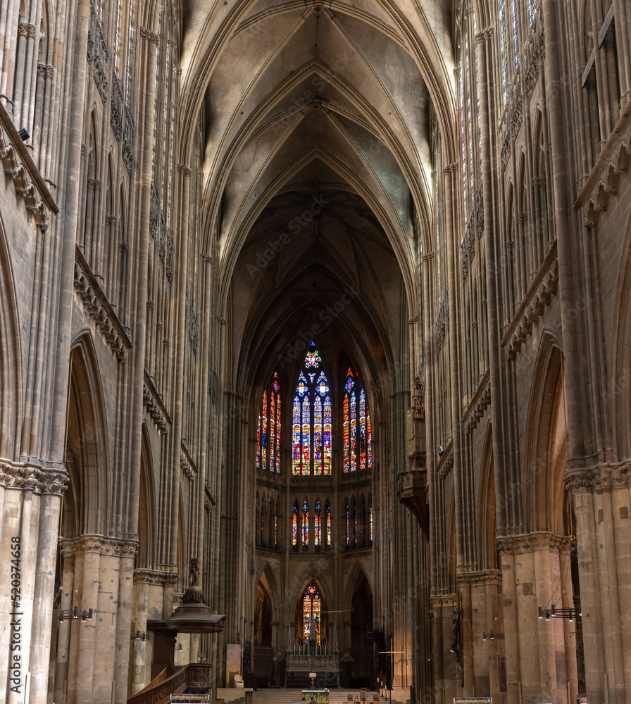 Central nave of the cathedral and the western canopy of Saint-Etienne Cathedral in Metz