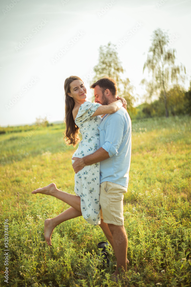 Fototapeta premium woman and bearded man on field nature picnic