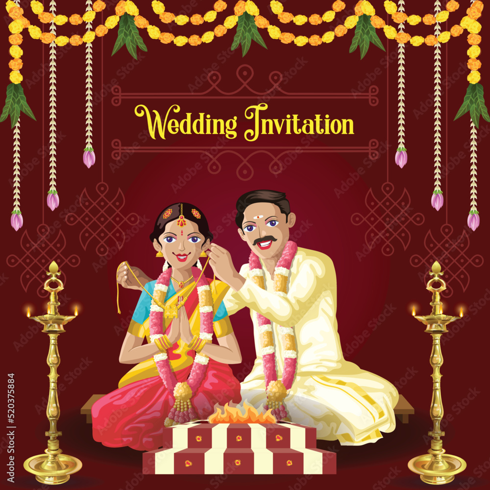 Indian Tamil wedding invitation bride and groom in Traditional tying