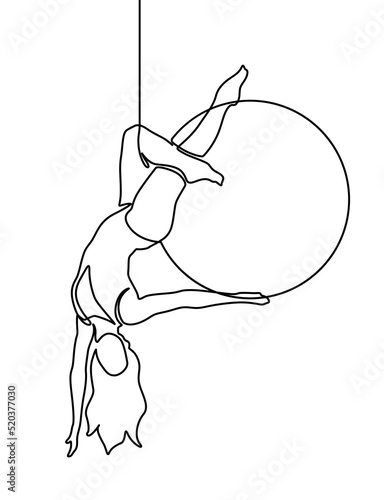 Continuous one line drawing a female acrobat performs on the trapeze with her legs hanging and head down while swinging her hand. Brave and agile. Single line draw design vector graphic illustration.