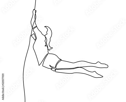 Continuous one line drawing a female acrobat performs on the trapeze with her legs hanging and head down while swinging her hand. Brave and agile. Single line draw design vector graphic illustration.