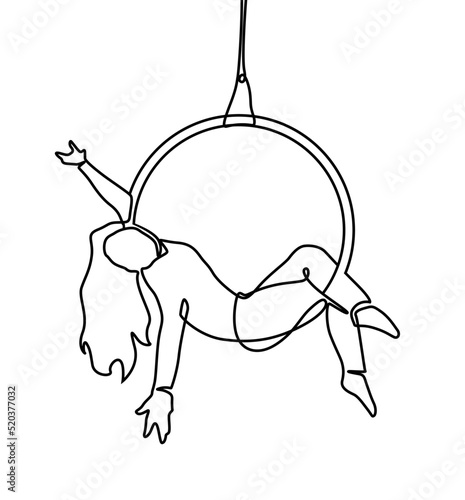 Continuous one line drawing a female acrobat performs on the trapeze with her legs hanging and head down while swinging her hand. Brave and agile. Single line draw design vector graphic illustration.