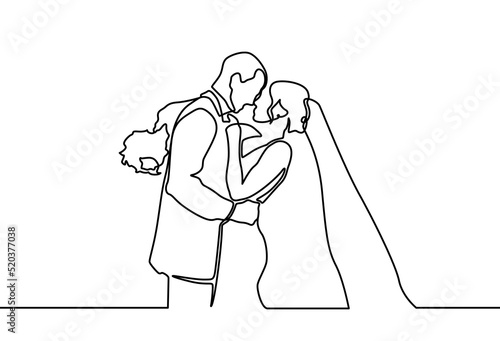 One continuous drawn line wedding drawn from the hand picture silhouette. line art. The characters of the bride and groom of the husband and wife are married.
