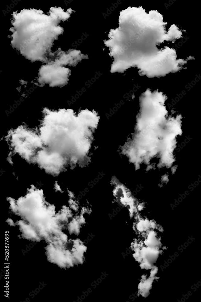 Group of clouds white fluffy for design on a isolated elements black background. Group of clouds white fluffy for design on a isolated elements black background.