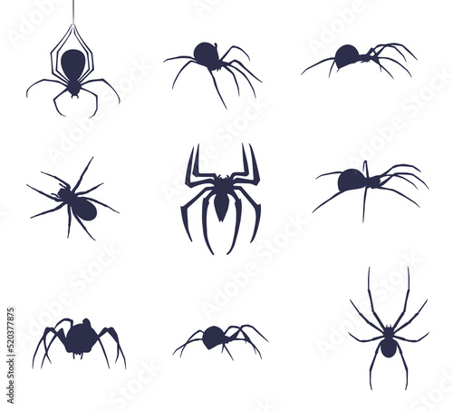 Foto Set of nine silhouettes of spiders. Halloween spider set